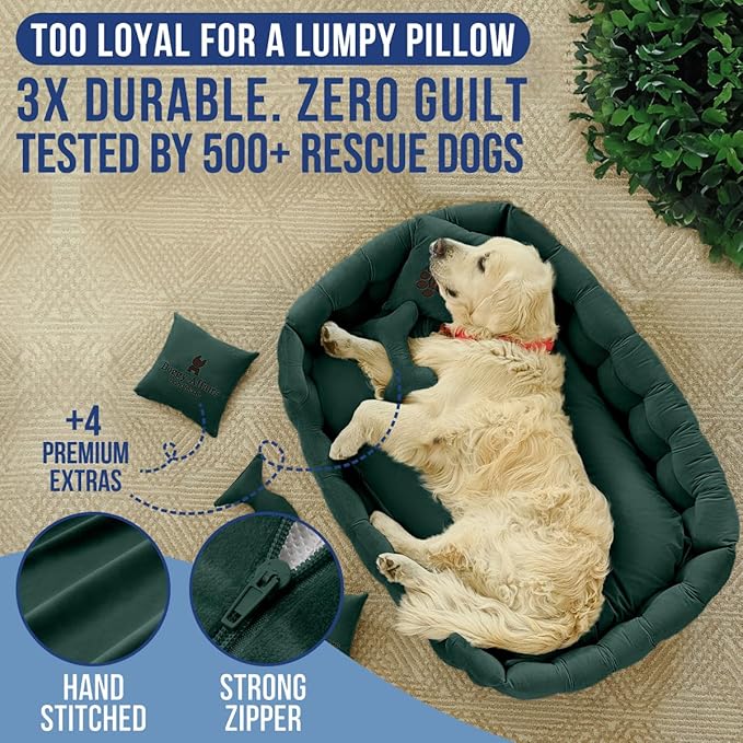 Luxury Dog Bed Chesterfield – Handcrafted Velvet Throne for Dogs | Joint Support, Calming &amp; Temp-Regulating Comfort | Durable 5+ Years, Anti-Claw, Washable 100+ Times – XL, Green