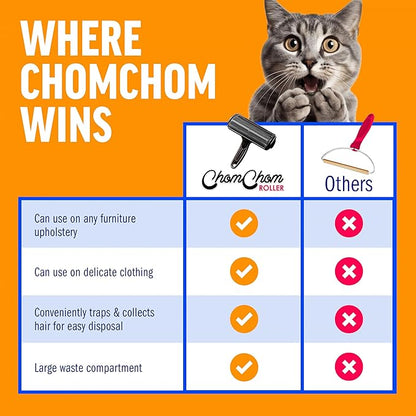 ChomChom Roller Pet Hair Remover and Reusable Lint Roller - Cat and Dog Hair Remover for Furniture, Couch, Carpet, Clothing and Bedding - Portable, Multi-Surface Fur Removal Tool (Black)