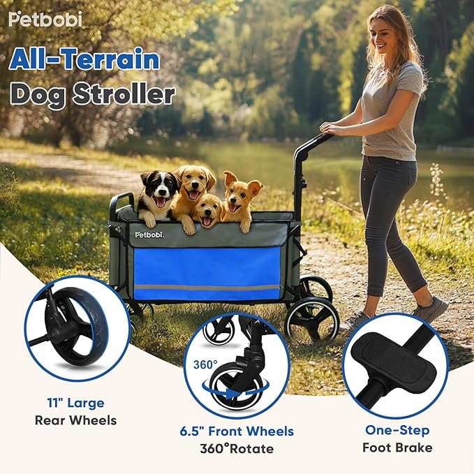 Petbobi Dog Wagon Stroller for Large &amp; Medium Dogs - 2-in-1 Push-Pull Pet Stroller with Ramp, Foldable All Terrain Wagon Cart, One-Step Brake, Suitable for Outdoor Walks &amp; Camping, Blue