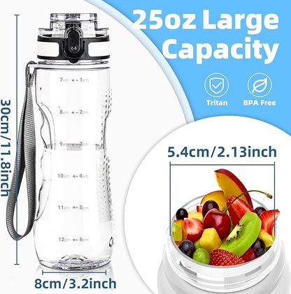 OLDLEY 25 oz Water Bottle, Motivational Water Bottle with Time Marker, Sports Water Bottle With Strap, Leakproof &amp; BPA Free Large Water Bottles for School, Gym, Travel, Outdoor, Tritan,Transparent