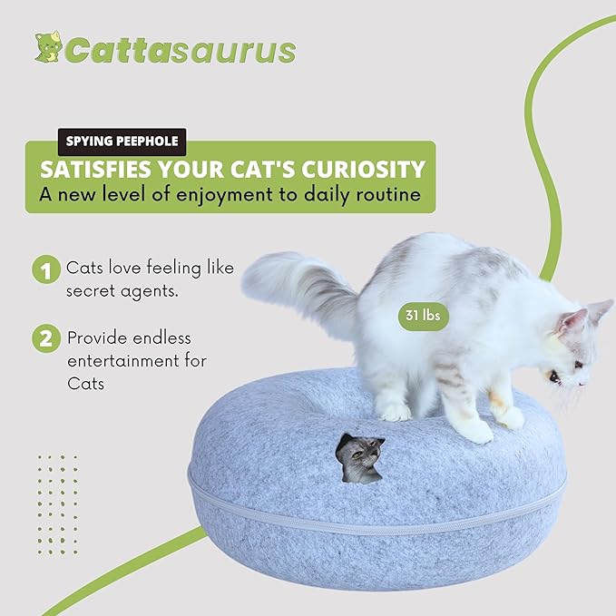 CATTASAURUS Peekaboo Cat Cave for Multiple &amp; Large Cats Up to 30-45 Lbs, Scratch Detachable &amp; Washable Tunnel Bed, Comfy Donut Cat Cave (Light Gray, Jumbo)