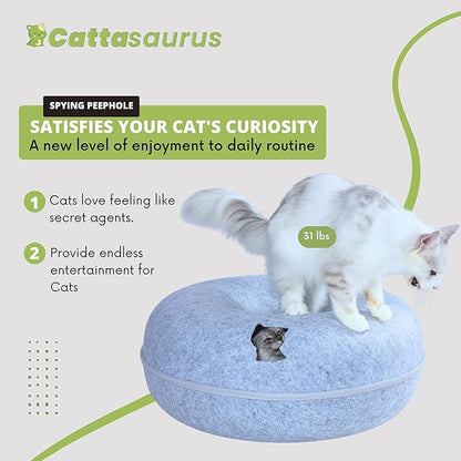 CATTASAURUS Peekaboo Cat Cave for Multiple &amp; Large Cats Up to 30-45 Lbs, Scratch Detachable &amp; Washable Tunnel Bed, Comfy Donut Cat Cave (Light Gray, Jumbo)
