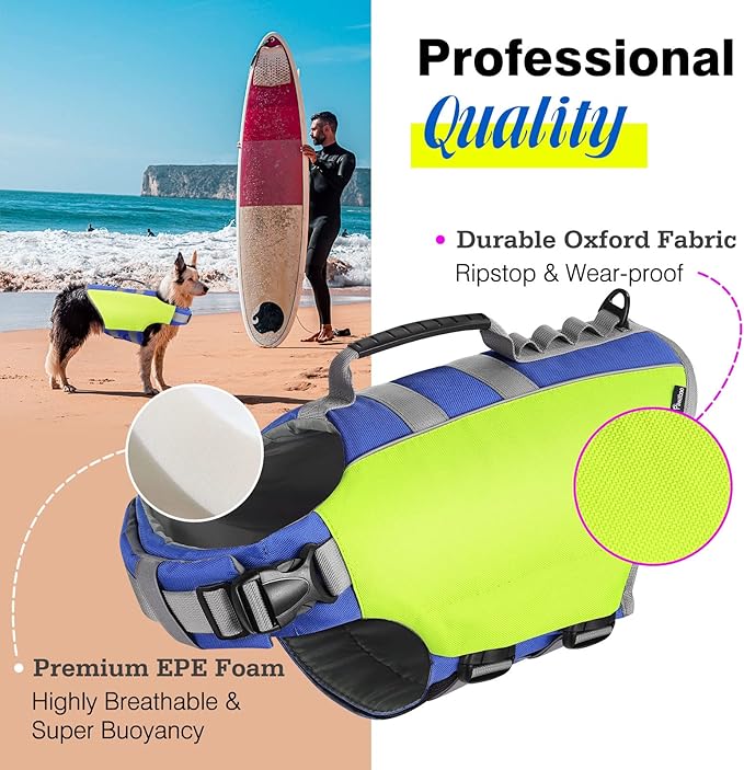 Pawaboo Reflective Dog Life Jacket, Dog Safety Vest Adjustable Pet Life Preserver with Strong Buoyancy &amp; Sturdy Rescue Handle, Dogs Lifesaver Vests for Boating, Swimming, L, Bright Yellow