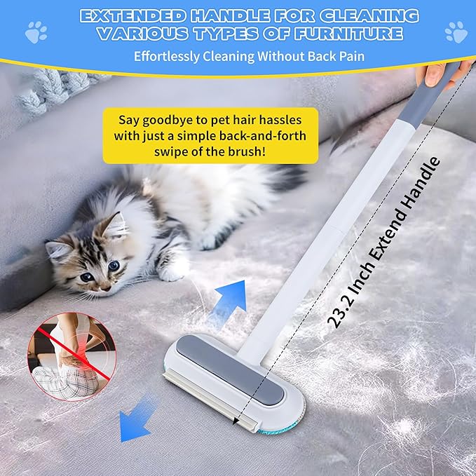 Pet Hair Remover for Furniture – 23.2Inch Reusable Dog &amp; Cat Hair Removal Brush, Washable Lint Cleaner with Long Handle, 4-in-1 Pet Hair Remover for Couch, Carpet, Clothes &amp; Bedding