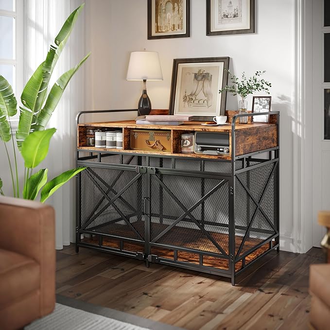 Dog Crate Furniture, 43" Heavy Duty Wooden Dog Crate End Table, XL Dog Kennel Furniture Large Breed, Decorative Dog Kenne Indoor with 3 Drawers &amp; Steel Tubes 43" L x28 W x36 H (Rustic Brown)