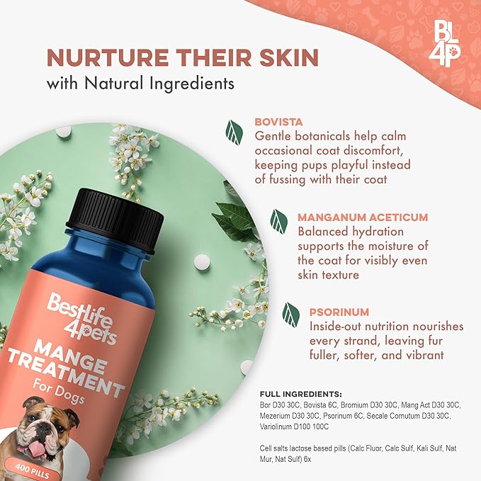 Mange Treatment for Dogs, Natural Dog Itching Skin Relief for Demodectic &amp; Puppy Mange, Mites, Canine Scabies, Helps Dogs Skin Irritation, Hot Spots, Hair Loss, and Canine Dandruff, 400 Odorless Pills