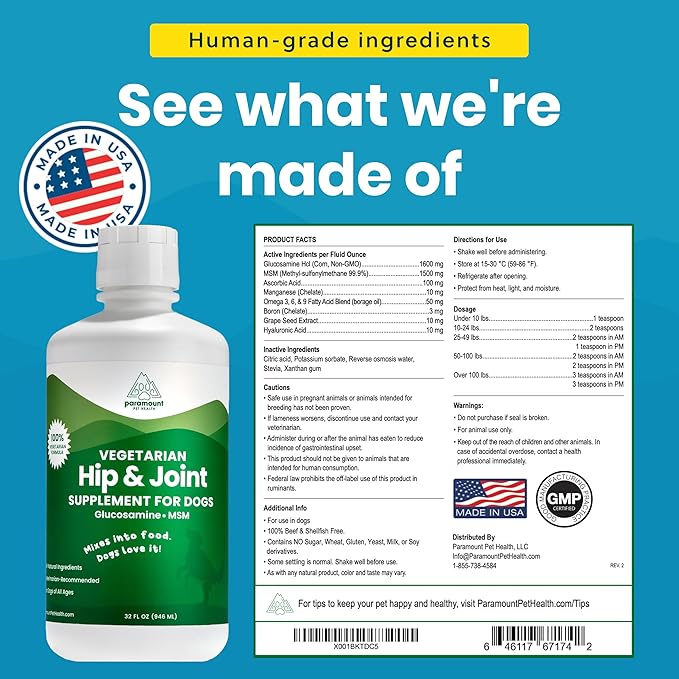 Plant-Based Liquid Glucosamine for Dogs, 1600mg Joint Support with Chondroitin, MSM &amp; Omega 3-6-9, Shellfish-Free Dog Arthritis Supplement for Mobility &amp; Flexibility, Made in USA, 32 oz