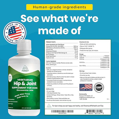 Plant-Based Liquid Glucosamine for Dogs, 1600mg Joint Support with Chondroitin, MSM &amp; Omega 3-6-9, Shellfish-Free Dog Arthritis Supplement for Mobility &amp; Flexibility, Made in USA, 32 oz