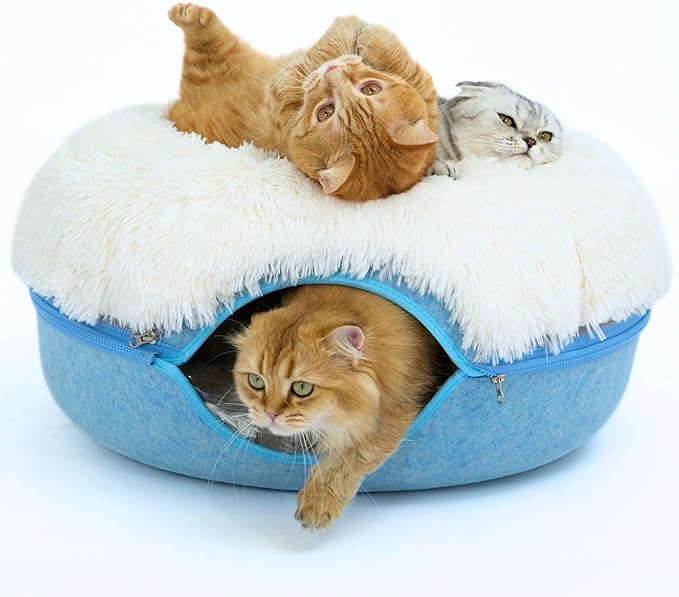 CATTASAURUS Peekaboo Cat Cave for Multiple &amp; Large Cats Up to 30-45 Lbs, Fluffy Cat Beds for Indoor Cats, Scratch Detachable &amp; Washable Tunnel Bed, Comfy Donut Cat Cave (Blue, Large (Calming))