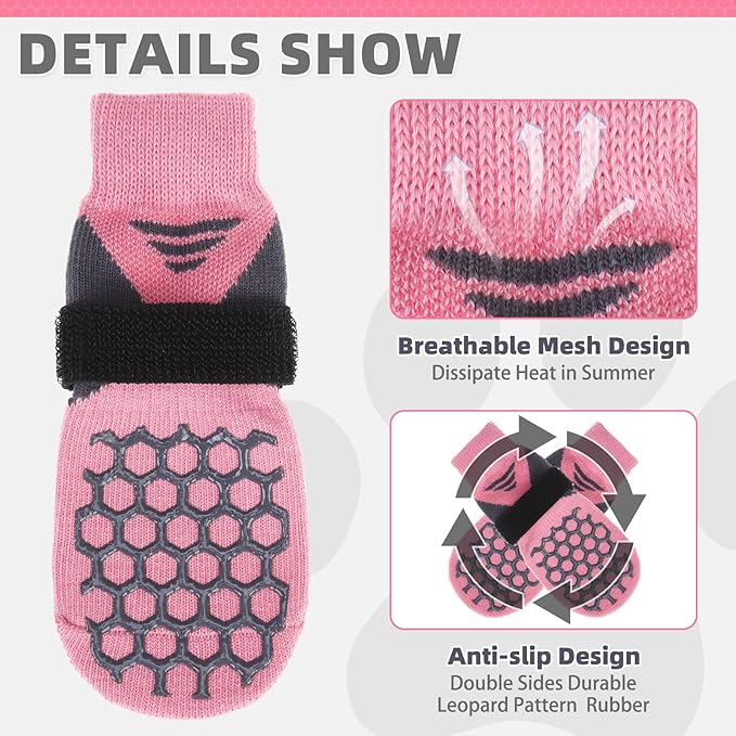 KOOLTAIL Dog Socks for Hot Pavement, Summer Breathable Dog Socks to Prevent Licking Paws, Non Slip Pet Boots &amp; Paw Protectors for Hardwood Floor,Grippy Shoes for Small Medium Large Senior Dogs,Pink XS