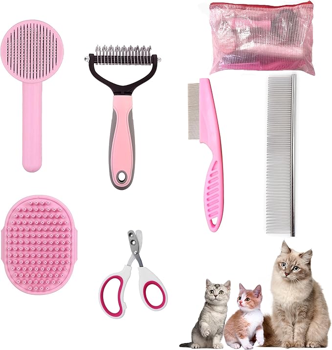 Cat Grooming Brush Kit 6 Tools - Deshedding &amp; Dematting for Long/Short Hair, Self-Cleaning Slicker Brush with 6-in-1 Flea Comb for Cats &amp; Kittens (Pink)