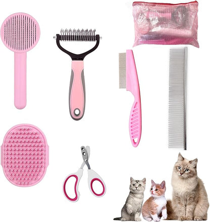Cat Grooming Brush Kit 6 Tools - Deshedding &amp; Dematting for Long/Short Hair, Self-Cleaning Slicker Brush with 6-in-1 Flea Comb for Cats &amp; Kittens (Pink)
