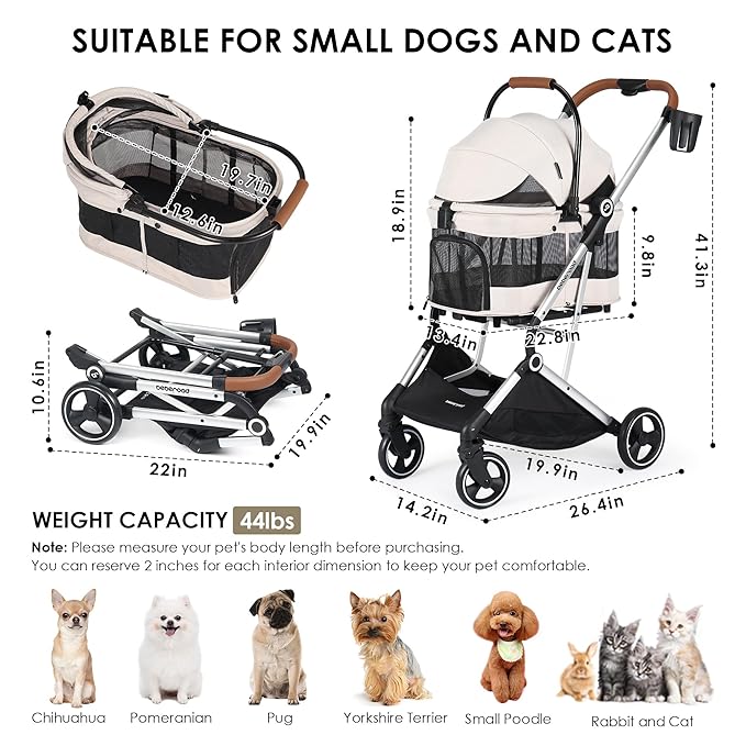 T3 Pro 3-in-1 Small Pet Stroller for Dog &amp; Cats, 4 Wheels with Detachable Carrier with Pad, Canopy and Cup Holder, Beige &amp; Net Wall