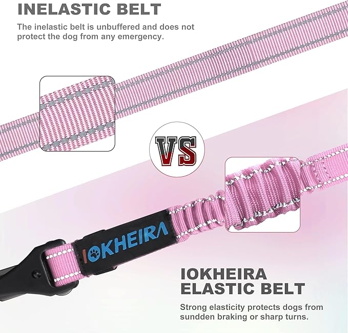 IOKHEIRA Dog Seat Belt 3-in-1 Car Harness for Dogs Adjustable Safety Seatbelt for Car Nylon Reflective Bungee Fabric Dog Car Harness with Clip Hook Latch &amp; Buckle, Swivel Zinc Alloy Carabiner (Pink)