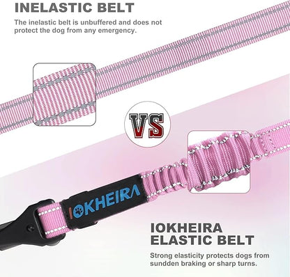 IOKHEIRA Dog Seat Belt 3-in-1 Car Harness for Dogs Adjustable Safety Seatbelt for Car Nylon Reflective Bungee Fabric Dog Car Harness with Clip Hook Latch &amp; Buckle, Swivel Zinc Alloy Carabiner (Pink)