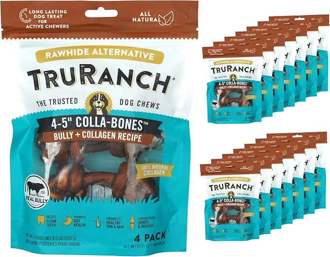 4-5" Collagen Bones, Bully - Collagen Dog Bones - Long Lasting Healthy Joint Support - Rawhide Alternative - Skin &amp; Coat Health, Value Pack, 15 Bags, 60 Count
