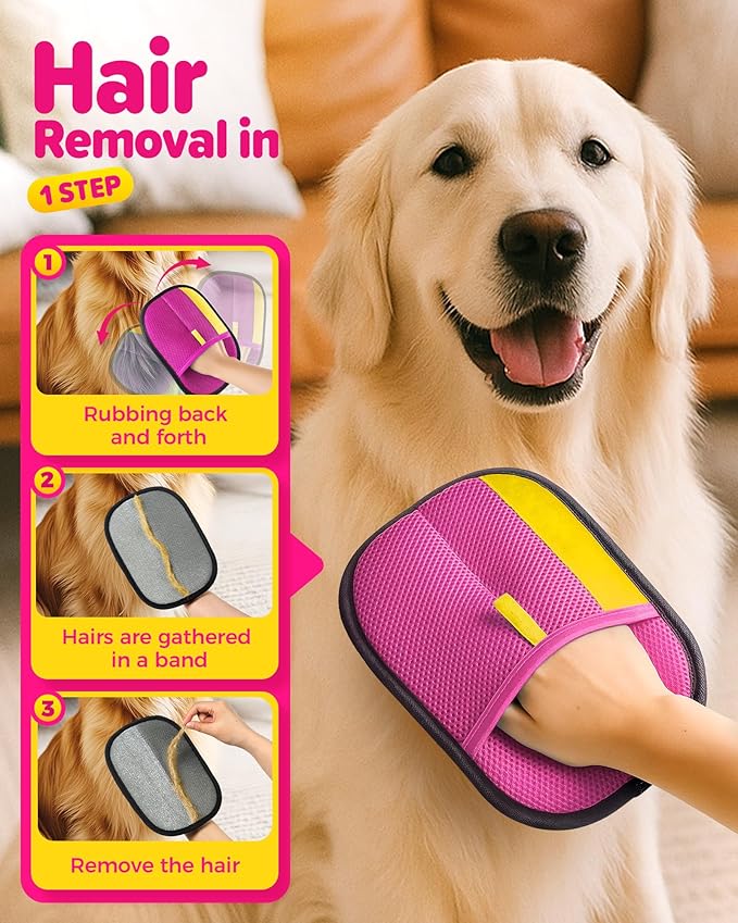 2025 Thickened Electrostatic Pet Hair Removal Gloves (2 Pcs) - Reusable Strong Grooming Gloves for Cats &amp; Dogs, Hair Remover for Couch, Furniture, Carpet, Car Seats &amp; Clothing (Pink)