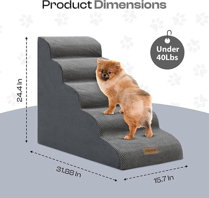 Dog Stairs for High Beds Up to 30", Extra-Tall 24.5" 5-Step Foam Pet Ramp with Washable Cover, Gentle Slope Steps, Bed &amp; Couch Ladder for Small Medium Dogs &amp; Senior Cat, Puppy Climbing Stairs