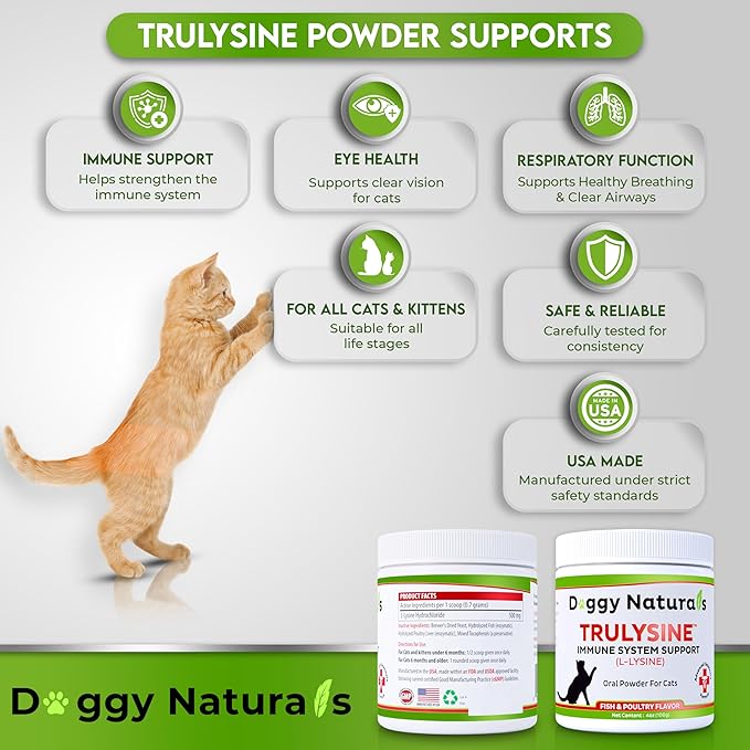 Trulysine L-Lysine for Cats Immune Support Oral Powder 4oz/100g - Cats &amp; Kittens of All Age, Sneezing, Runny Nose Squinting, Watery Eyes - Fish &amp; Poultry Flavor (U.S.A)(100 Grams ( 500mg / Scoop))