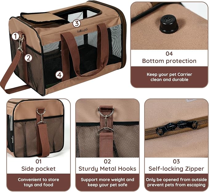 BELLA &amp; PAL Cat Carrier Travel Bag, Airline Approved Lightweight Cat Carrier, Soft Sided Pet Carrier for Puppy Dogs Up to 18lbs, Collapsible Kitten Bag with Removable Waterproof Mat, Ventilated Mesh