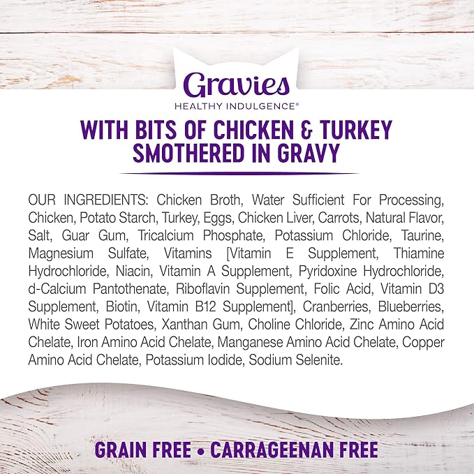 Wellness Healthly Indulgence Gravy Adult Wet Cat Food, Natural, Protein-Rich, Grain Free, 3 Ounce Pouch, 24 Pack, (Chicken &amp; Turkey)