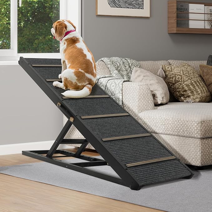 Pet Ramp Folding Portable Wooden Dog &amp; Cat Ramps for Couch or Bed, Including Non Slip Mat &amp; Safety Side Rails, 64.2 Inch Long and Height Adjustable from 13.4 Inch to 38 Inch Up to 110 Lbs
