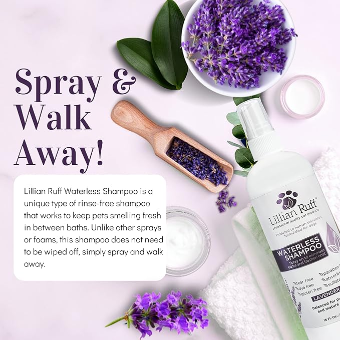 Lillian Ruff Waterless No-Rinse Dog Dry Shampoo Spray with Hydrating Essential Oils - pH-Balanced Dry Shampoo for Dogs - Clean, Condition, Detangle &amp; Deodorize Dry, Sensitive Skin (Lavender)