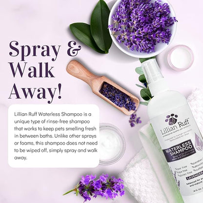 Lillian Ruff Waterless No-Rinse Dog Dry Shampoo Spray with Hydrating Essential Oils - pH-Balanced Dry Shampoo for Dogs - Clean, Condition, Detangle &amp; Deodorize Dry, Sensitive Skin (Lavender)