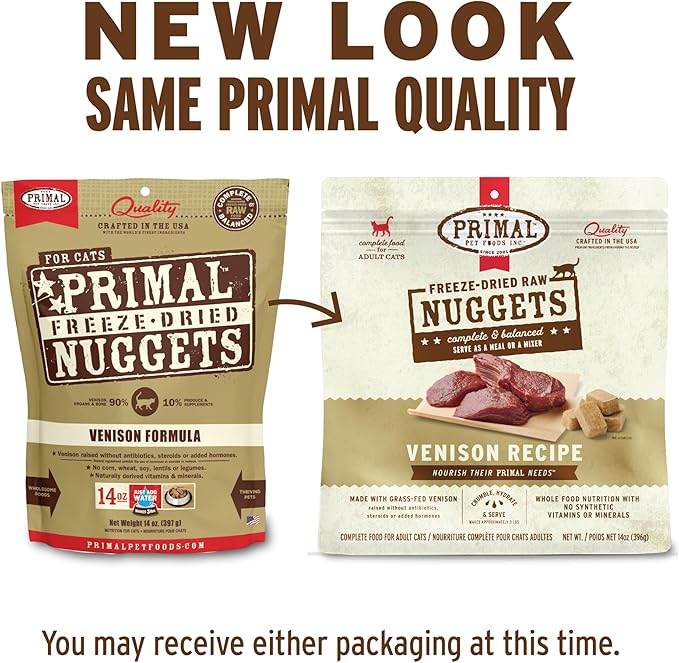 Primal Freeze Dried Raw Cat Food Nuggets Venison, Complete &amp; Balanced Meal or Topper, Premium, Healthy, Grain Free, High Protein Raw Cat Food with Probiotics (14 oz)