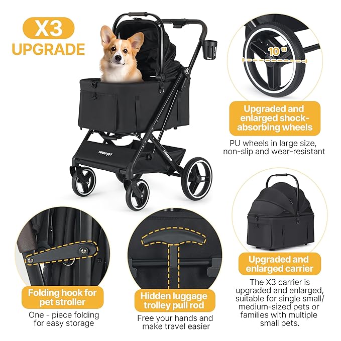 X3 2 in 1 Pet Stroller for Medium or Two Small Dogs &amp; Cats 4 Wheels Lightweight Foldable Carrier Dog Stroller with Waterproof Weather Cover Cup Holder,Storage Basket(Black)