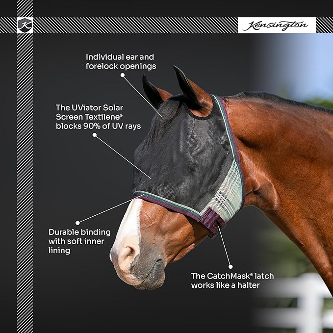Kensington 90% UV Fly Mask Halter CatchMask UViator - Without Ears &amp; Forelock Freedom Web Trim *Roomy Fit*- Large, Kentucky Blue
