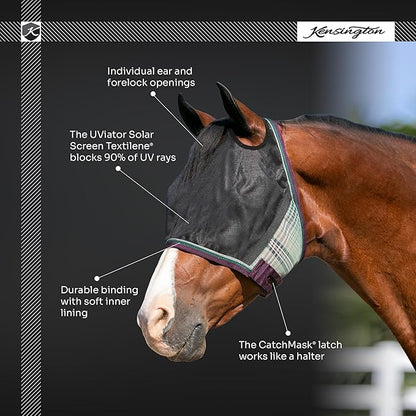 Kensington 90% UV Fly Mask Halter CatchMask UViator - Without Ears &amp; Forelock Freedom Web Trim *Roomy Fit*- Large, Kentucky Blue