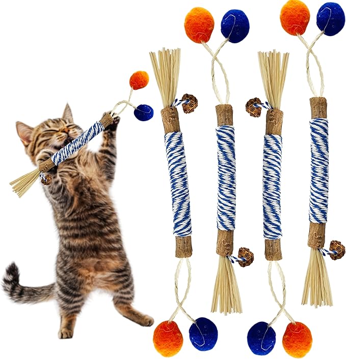 Catnip 4PCS Chew Stick with Wrapped Cotton Rope – Natural Dental Care Cat Toy for Teeth Cleaning &amp; Gum Health, Satisfies Chewing Instincts, Safe &amp; Long-Lasting Kitten Teething Toy