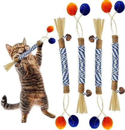 Catnip 4PCS Chew Stick with Wrapped Cotton Rope – Natural Dental Care Cat Toy for Teeth Cleaning &amp; Gum Health, Satisfies Chewing Instincts, Safe &amp; Long-Lasting Kitten Teething Toy