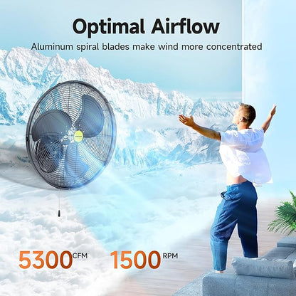 VAGKRI Wall Mount Fan, 20 Inch High Velocity Metal Oscillating Fan, 3 Speeds, 5300CFM Industrial Wall Fan for Home Office Patio Garage Factory Greenhouse Warehouse Farm
