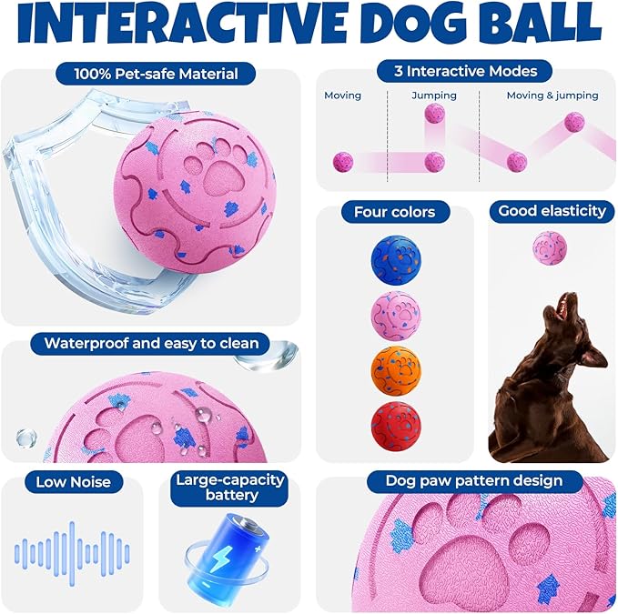 Dog Balls: Interactive Dog Ball Auto Rolling - Interactive Dog Toys for Aggressive Chewers - Bouncy &amp; Throwable, Type-C Rechargeable, Washable, for Small &amp; Medium &amp; Large Dogs – Pink