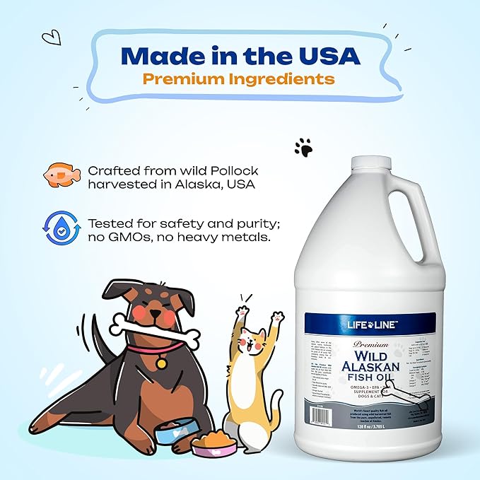 Life Line Pet Nutrition Wild Alaskan Fish Oil for Dogs and Cats 128oz – Omega 3 Fish Oil Supplement for Skin &amp; Coat, Brain, Eye &amp; Heart Health