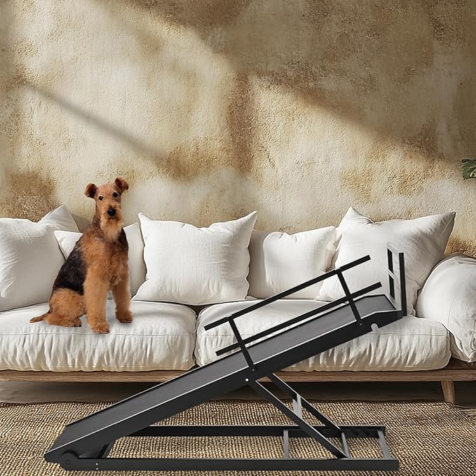 Dog Ramp for Bed, 5 Level Adjustable Dog Ramp for High Beds, Upgrade Rubber Mat High Traction Ramp with Safety Rails, Folding Pet Ramp for Bed, Couch,SUV, Natural Wood Pet Ramp for Small &amp; Old Dogs