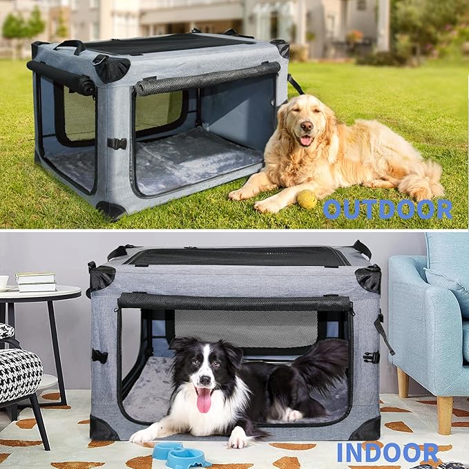 NEZUC Soft Collapsible Dog Crate - 30 Inch Portable Soft Sided Travel Dog Crates for Medium Dogs, 4-Door Foldable Dog Carrier, Pet Kennel Indoor &amp; Outdoor (Gray, 30.0" L x 20" W x 20.0" H)