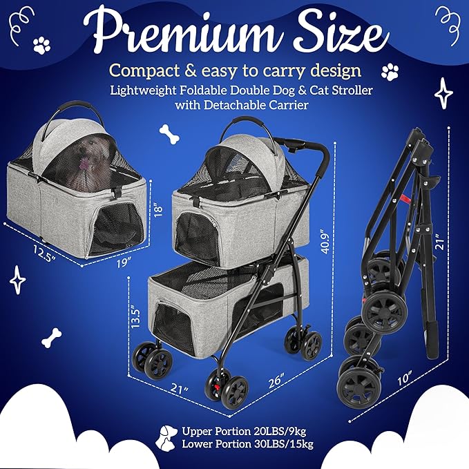 Detachable Pet Double Stroller with 4 Rolling Casters for 2 Pets – Lightweight Multifunctional Travel Stroller with Mesh Windows, Cup Holder, Sun Shades &amp; Storage Pocket for Puppy and Kitty