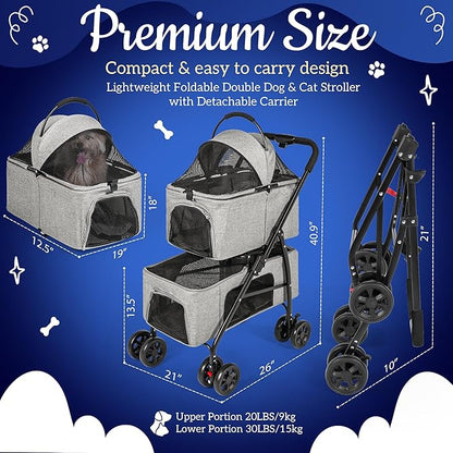 Detachable Pet Double Stroller with 4 Rolling Casters for 2 Pets – Lightweight Multifunctional Travel Stroller with Mesh Windows, Cup Holder, Sun Shades &amp; Storage Pocket for Puppy and Kitty