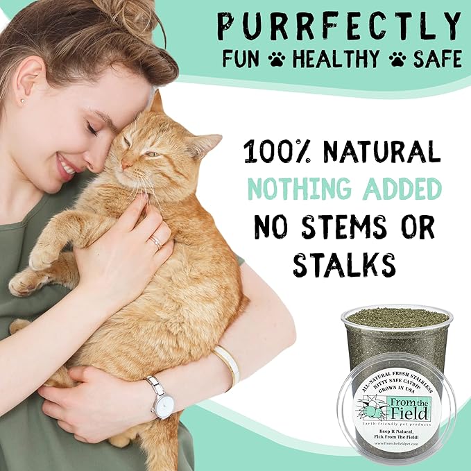 from The Field | Fine Ground Stalkless Catnip | Premium USA-Grown Catnip for Toys &amp; Playtime | Fresh, Potent, Non-Toxic, Eco-Friendly | Safe for Kittens &amp; Cats | Resealable 2 Oz Tub