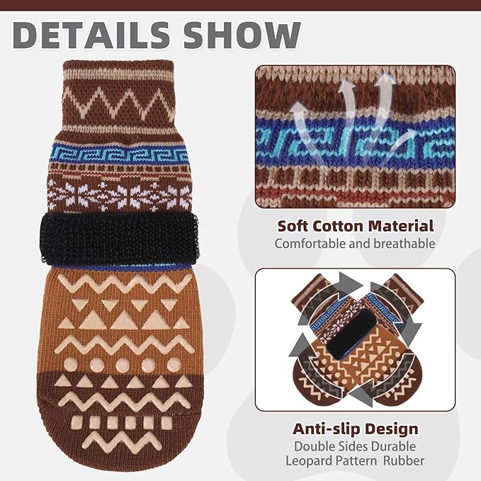 KOOLTAIL Dog Socks to Prevent Licking Paws for Hardwood Floors Anti Slip, Winter Warm Pet Boots&amp;Paw Protector with Grippers, Double Sides Dog Shoes Booties for Small Medium Large Senior Dogs Khaki XL