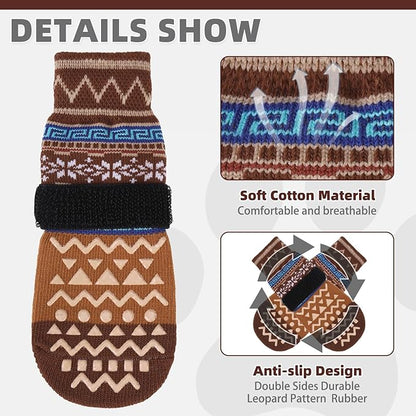 KOOLTAIL Dog Socks to Prevent Licking Paws for Hardwood Floors Anti Slip, Winter Warm Pet Boots&amp;Paw Protector with Grippers, Double Sides Dog Shoes Booties for Small Medium Large Senior Dogs Khaki M