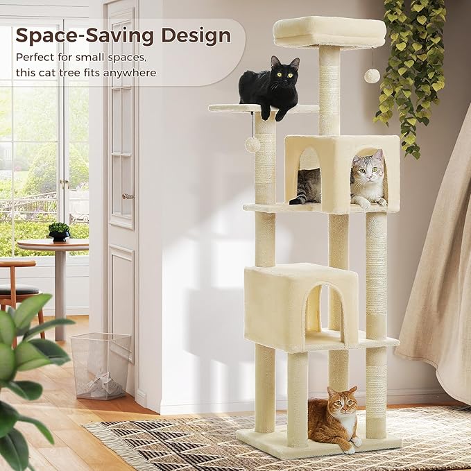 Cat Tree for Indoor Cats, Multi-Level Cat Tower with Sisal Scratching Posts, Padded Platform, Multi-Level Cat Condo w/Soft Bed &amp; Scratching Pad, 2 Pompoms, Sturdy Base, Beige