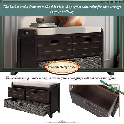 Storage Bench with Removable Basket 2 Drawers Fully Assembled Acacia Wood Shoe Bench Standing Shoe Rack Removable Cushion for Living Room, Entrance Hallway, No Assembly Required Espresso