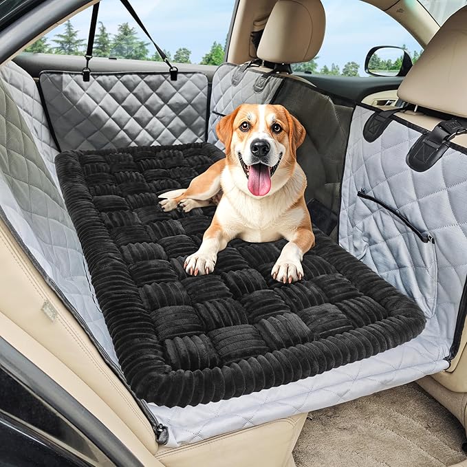 Dog Car Bed Mat, Non-Slip Backseat Extender Pet Blanket, Plaid Dog Bed for Trucks, Sedans &amp; Large SUVs, Chew-Resistant Travel Pad for Dogs, Easy Clean &amp; Scratch-Proof &amp; Comfort (56"x28.7") Black