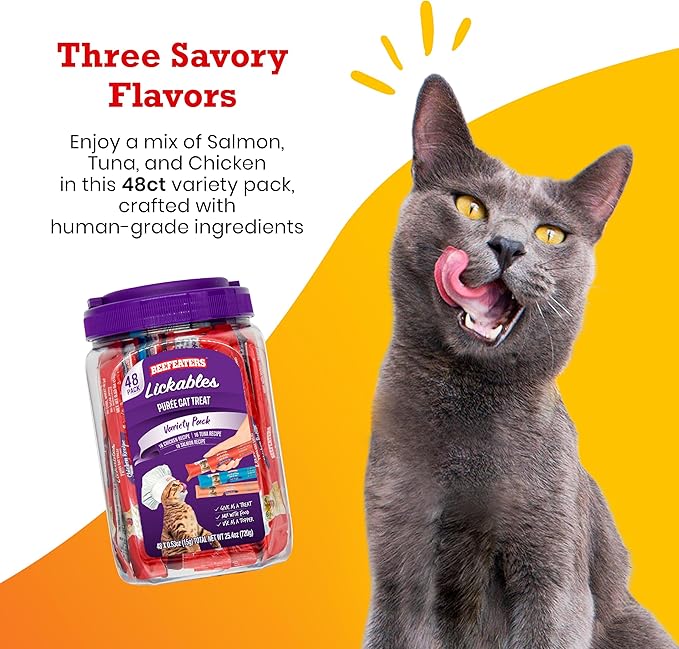 Beefeaters Cat Treats Variety Pack Lickable Puree 48ct – Salmon, Tuna &amp; Chicken, Grain-Free, Taurine-Enriched, Ideal for Training &amp; Interactive Feeding