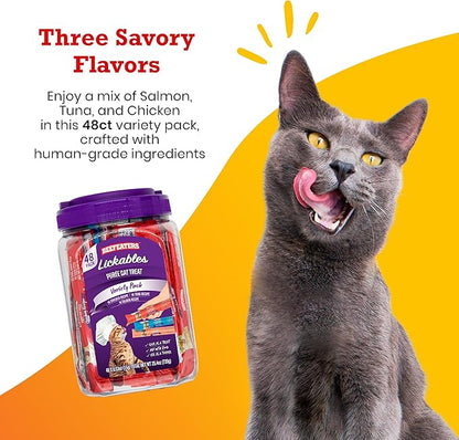 Beefeaters Cat Treats Variety Pack Lickable Puree 48ct – Salmon, Tuna &amp; Chicken, Grain-Free, Taurine-Enriched, Ideal for Training &amp; Interactive Feeding