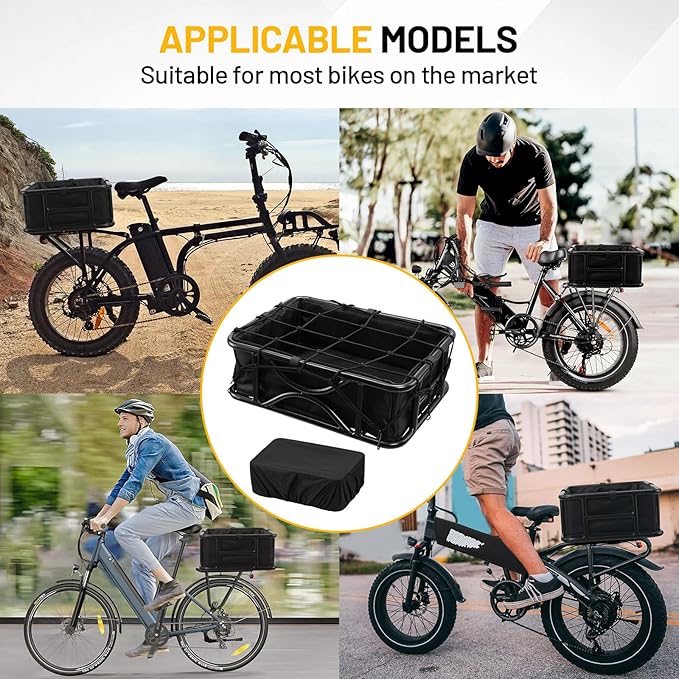 Heavy Duty Rear Bike Basket for Adults, Bicycle Cargo Basket with Removable Liner, Waterproof Cover &amp; Cargo Net, Universal Fit for E-Bike, Mountain Bike, Dog Carrier